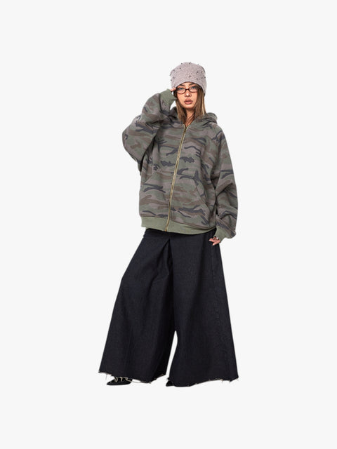 GKIKZ RETRO CAMOUFLAGE LOOSE ZIPPER CARDIGAN