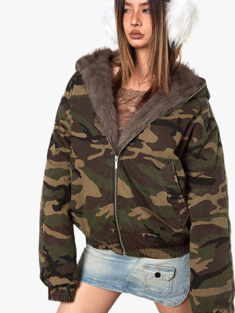 GKIKZ MOUNTAIN CARVING THICK COTTON PADDED FUR COLLAR JACKET