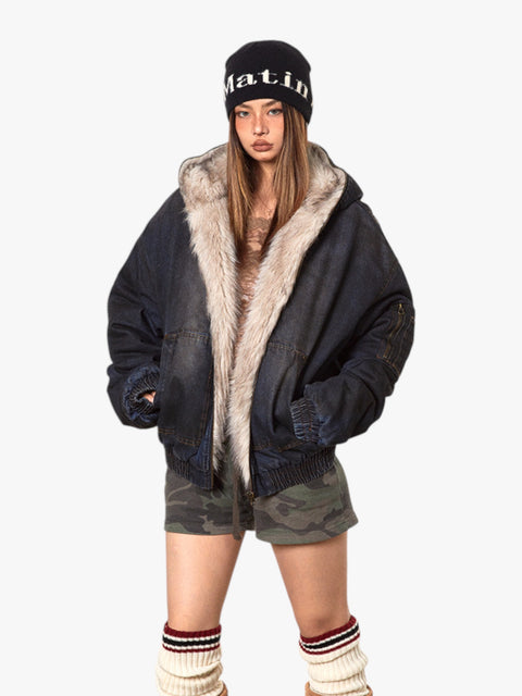 GKIKZ DIRTY DENIM HOODED FUR COLLAR JACKET