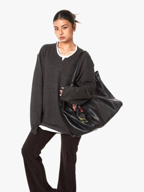 GKIKZ TEXTURE FAKE TWO-PIECE OVERSIZED KNIT TEES