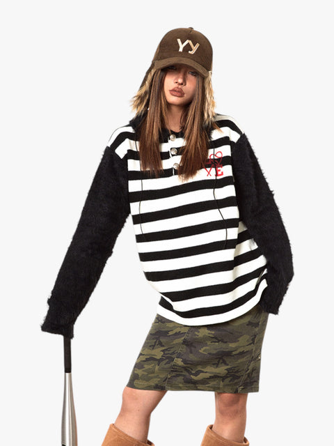 GKIKZ RETRO CONTRAST RAGLAN STRIPED POLO COLLAR SWEATER