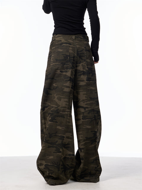 GKIKZ SLICE-POCKET CAMOUFLAGE WIDE-LEG HIGH WAIST PANTS