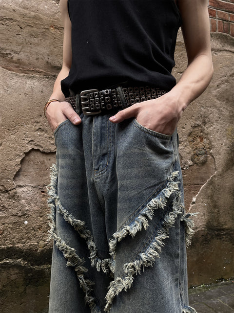 Cross Raw-Edge Baggy Jeans