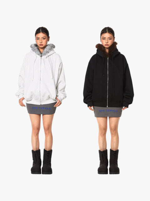 GKIKZ RETRO FUR COLLAR HOODED CARDIGAN