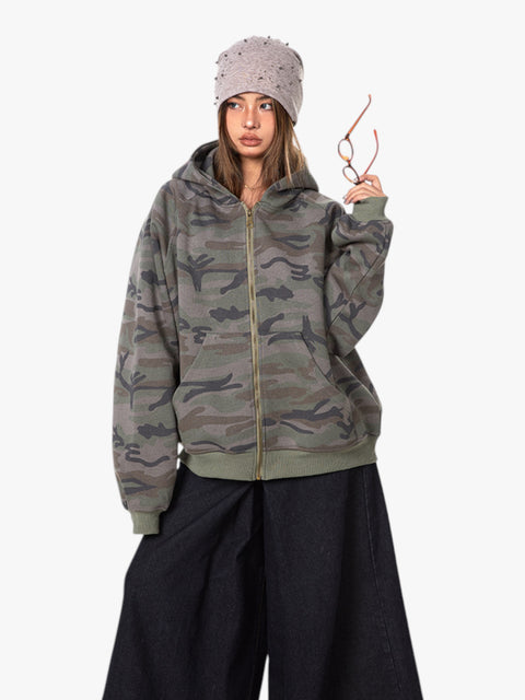 GKIKZ RETRO CAMOUFLAGE LOOSE ZIPPER CARDIGAN