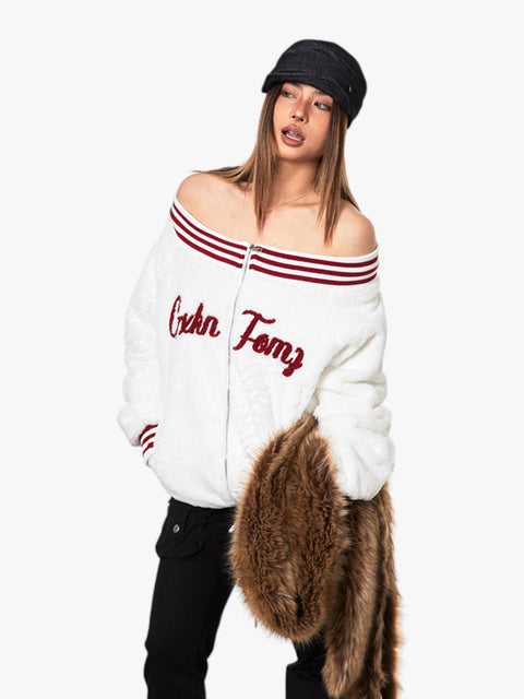 GKIKZ VELVET OFF-SHOULDER STRIPED COLLAR BOMBER JACKET