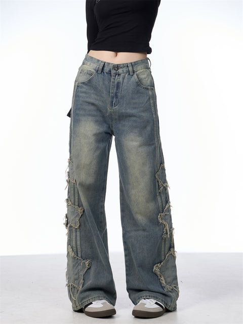 GKIKZ TRI-STAR DISTRESSED WIDE-LEG MOPPING JEANS