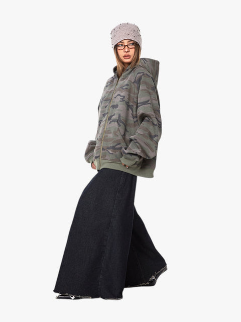 GKIKZ RETRO CAMOUFLAGE LOOSE ZIPPER CARDIGAN