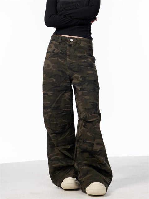 GKIKZ SLICE-POCKET CAMOUFLAGE WIDE-LEG HIGH WAIST PANTS