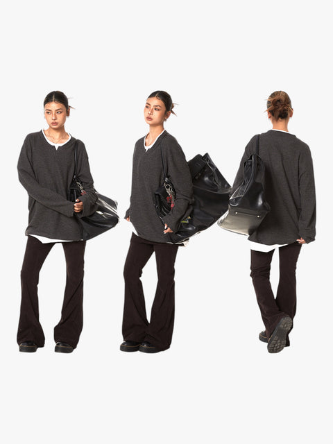 GKIKZ TEXTURE FAKE TWO-PIECE OVERSIZED KNIT TEES