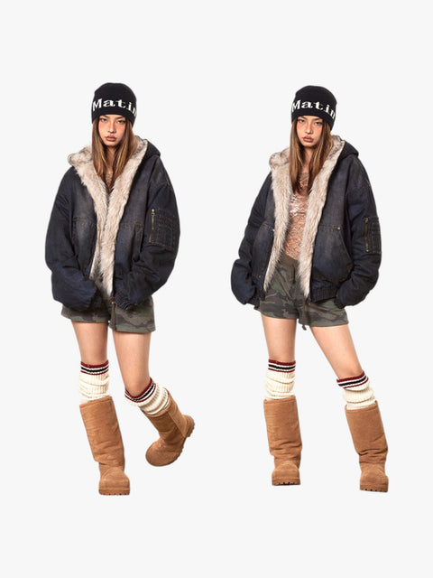 GKIKZ DIRTY DENIM HOODED FUR COLLAR JACKET