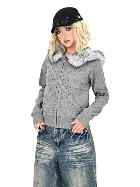GKIKZ 🇬🇧 STUDDED FUR HOODED ZIP-UP