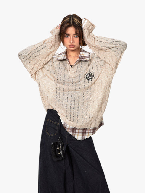 GKIKZ VINTAGE STRIPE STITCHING CONTRAST SLIGHTLY TRANSPARENT MULTI-LAYERED TEES