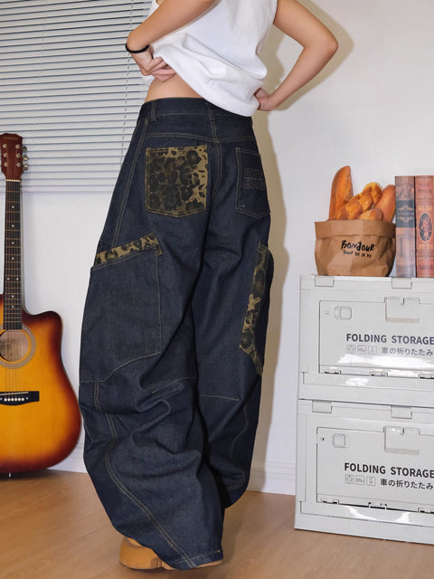 GKIKZ BIG POCKET LEOPARD PATCHWORK SCIMITAR BAGGY JEANS