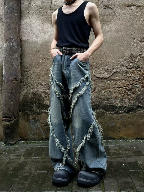 Cross Raw-Edge Baggy Jeans