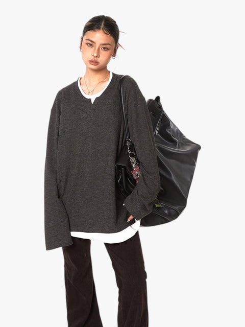 GKIKZ TEXTURE FAKE TWO-PIECE OVERSIZED KNIT TEES