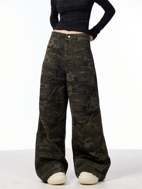 GKIKZ SLICE-POCKET CAMOUFLAGE WIDE-LEG HIGH WAIST PANTS