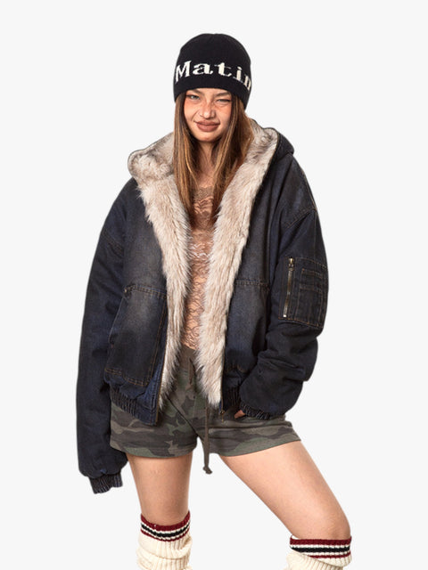 GKIKZ DIRTY DENIM HOODED FUR COLLAR JACKET