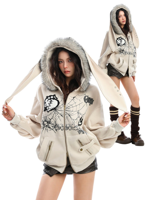 GKIKZ BIG-EARS BUNNY FUR ZIP-UP HOODIE