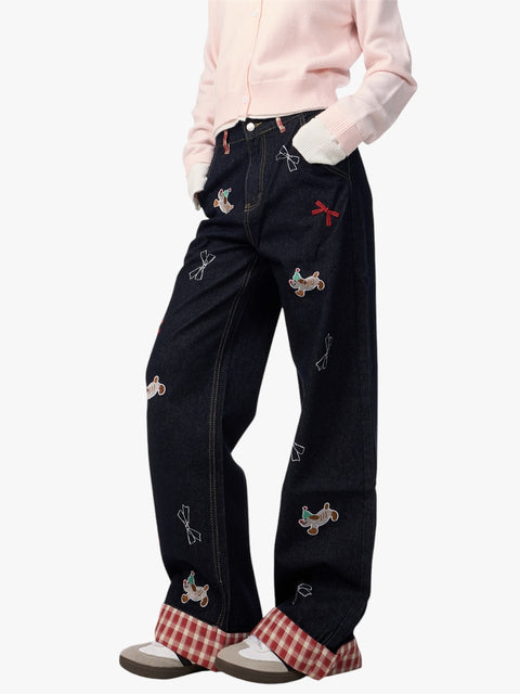 GKIKZ PLAYFUL DACHSHUND BOW WIDE-LEG HIGH WAIST JEANS