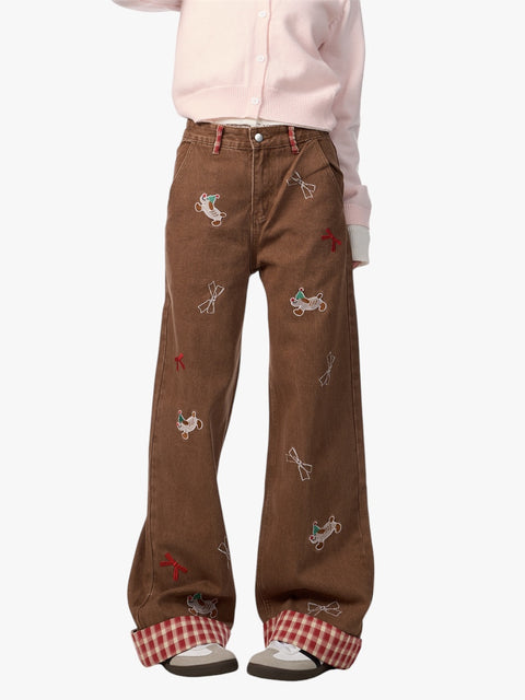 GKIKZ PLAYFUL DACHSHUND BOW WIDE-LEG HIGH WAIST JEANS