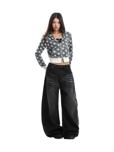 GKIKZ STAR PRINT CROPPED HOODIE ZIP-UP