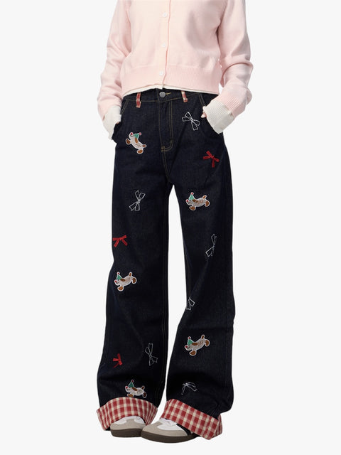 GKIKZ PLAYFUL DACHSHUND BOW WIDE-LEG HIGH WAIST JEANS