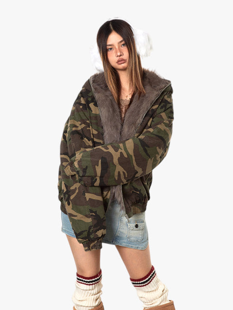 GKIKZ MOUNTAIN CARVING THICK COTTON PADDED FUR COLLAR JACKET