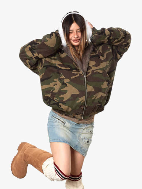 GKIKZ MOUNTAIN CARVING THICK COTTON PADDED FUR COLLAR JACKET