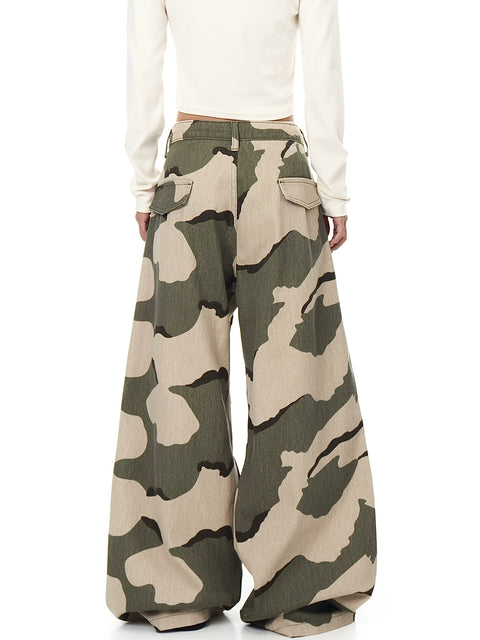 GKIKZ URBAN DRAWSTRING PLEATED CAMO WAVE WIDE-LEG PANTS