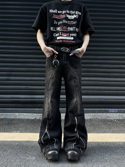 Mid-Zipper Slightly Flared Baggy Denim Jeans