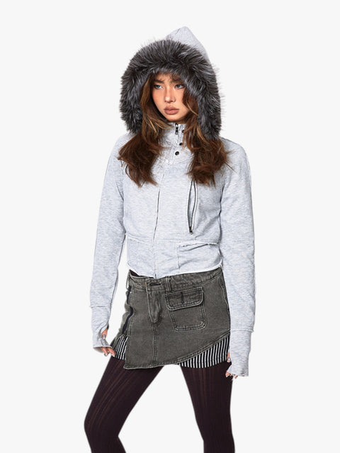 GKIKZ SLIGHT TIGHT FUR COLLAR HOODED CARDIGAN