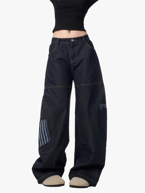 GKIKZ BIG STRIPES POCKET SCIMITAR BAGGY JEANS
