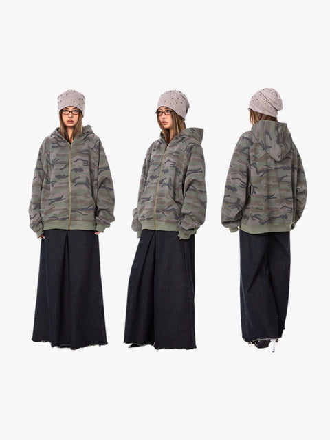 GKIKZ RETRO CAMOUFLAGE LOOSE ZIPPER CARDIGAN