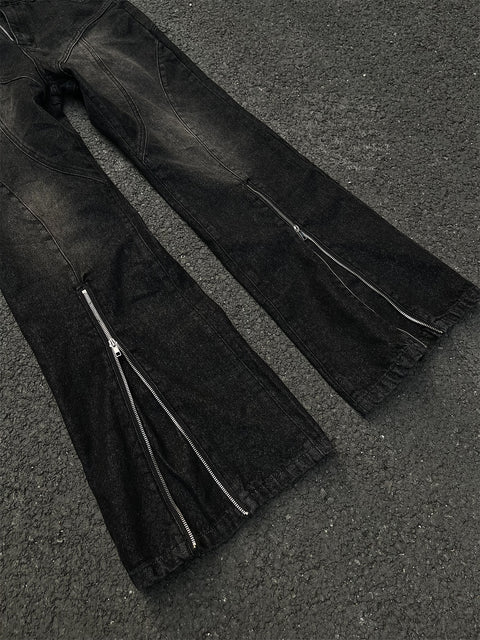 Mid-Zipper Slightly Flared Baggy Denim Jeans