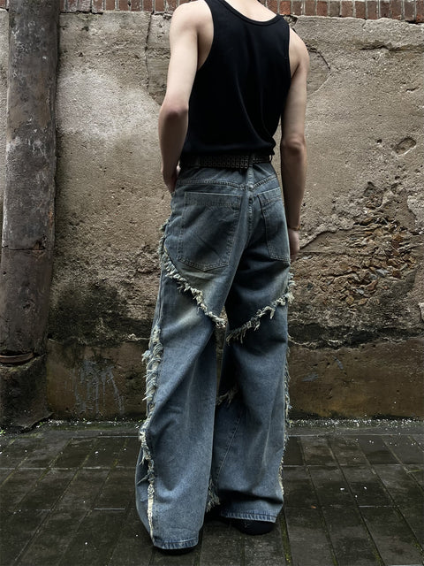 Cross Raw-Edge Baggy Jeans