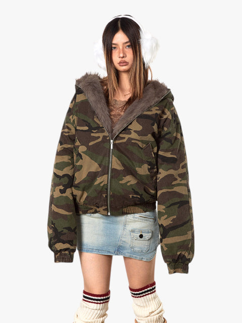 GKIKZ MOUNTAIN CARVING THICK COTTON PADDED FUR COLLAR JACKET