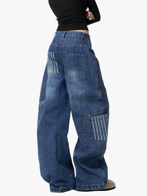 GKIKZ BIG STRIPES POCKET SCIMITAR BAGGY JEANS