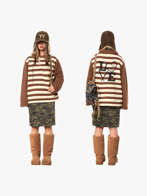 GKIKZ RETRO CONTRAST RAGLAN STRIPED POLO COLLAR SWEATER