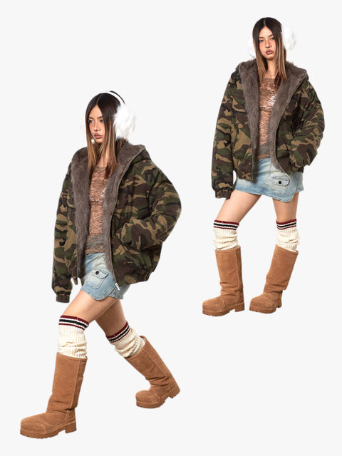 GKIKZ MOUNTAIN CARVING THICK COTTON PADDED FUR COLLAR JACKET