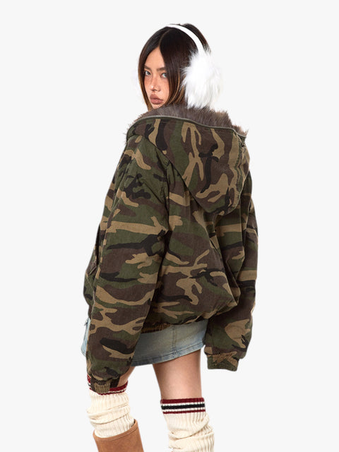 GKIKZ MOUNTAIN CARVING THICK COTTON PADDED FUR COLLAR JACKET