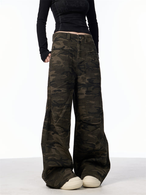 GKIKZ SLICE-POCKET CAMOUFLAGE WIDE-LEG HIGH WAIST PANTS