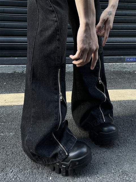 Mid-Zipper Slightly Flared Baggy Denim Jeans