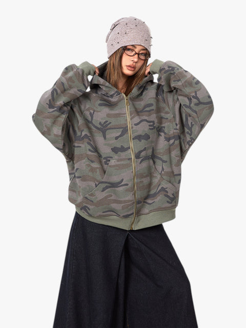 GKIKZ RETRO CAMOUFLAGE LOOSE ZIPPER CARDIGAN