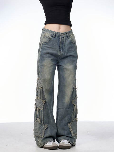 GKIKZ TRI-STAR DISTRESSED WIDE-LEG MOPPING JEANS