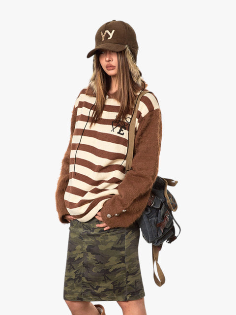 GKIKZ RETRO CONTRAST RAGLAN STRIPED POLO COLLAR SWEATER