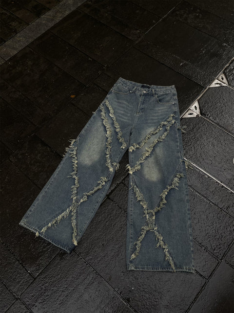 Cross Raw-Edge Baggy Jeans