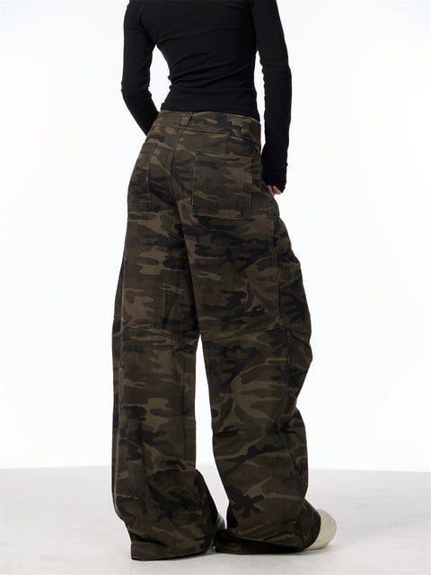 GKIKZ SLICE-POCKET CAMOUFLAGE WIDE-LEG HIGH WAIST PANTS