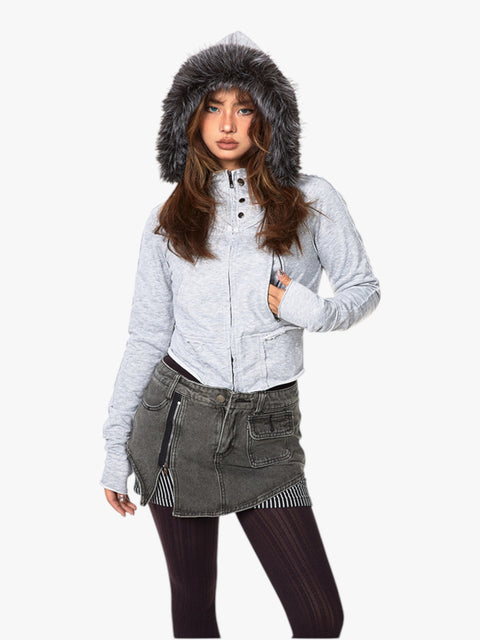 GKIKZ SLIGHT TIGHT FUR COLLAR HOODED CARDIGAN