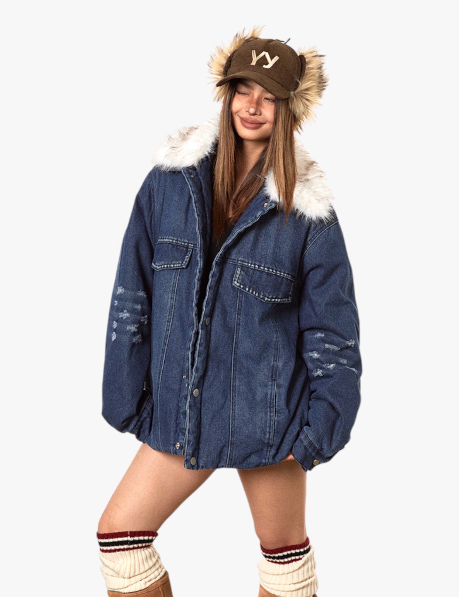 GKIKZ DETACHABLE FUR HEAVY DENIM JACKET